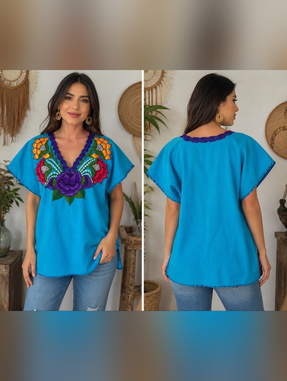 new turquoise embroidered mexican floral huipil festival boho top xl